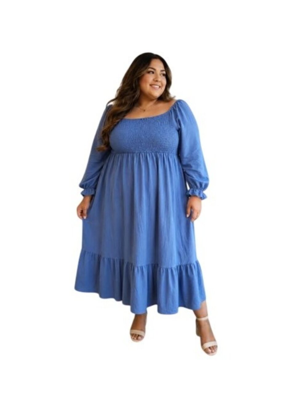 Scomchic Womens Blue Smocked Maxi Dress With Ruffle Hem & Long Sleeves 2XL